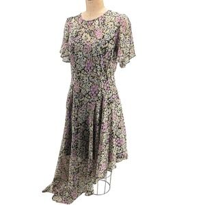 ASTR The Label Daisy Floral Asymmetrical Midi Dress Metallic Flutter Sleeve M